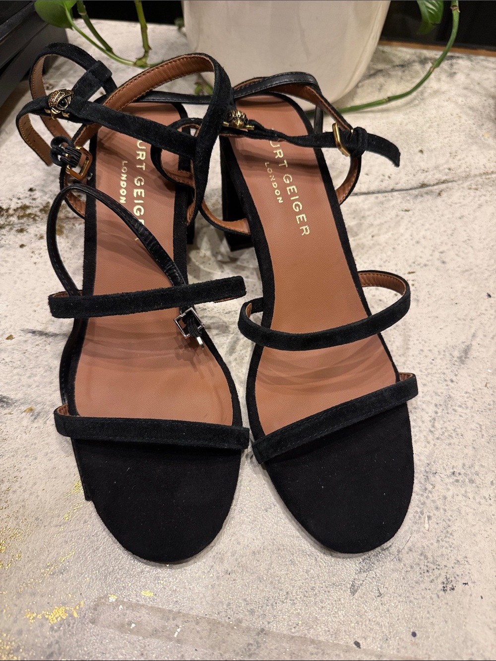 Kurt Geiger Black Suede Multi-Strap Block Heel Sandals size 9.5